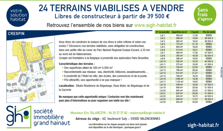 CRESPIN – TERRAINS VIABILISES A VENDRE